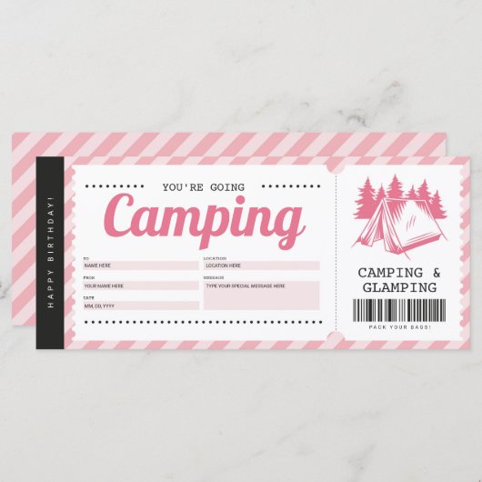Camping Pink Gift Voucher, Summer Camp Certificate (Voorkant / Achterkant)