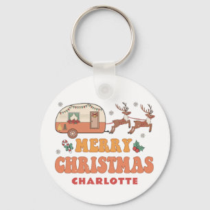 Camping Prettig Kerstmis Retro Camper Rendier Naam Sleutelhanger