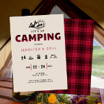 Camping Red Pset Outdoor 30th Birthday Party Kaart<br><div class="desc">Een eenvoudige, moderne, elegante en chic-sjabloon voor het weekend van het verjaardagsfeest met een kampeerthema, met rode vlecht op de titel "kamperen", handgetekende kamperen en buiteniconen (vuurkamp, marshmallows, tent, lamp enz.) met een moderne, noodlijdende textuur. Een mooie keuze voor een groot verjaardagsweekend van leuke kamperen, wandelen of waar dan ook...</div>
