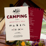 Camping Red Pset Outdoor 30th Birthday Weekend Kaart<br><div class="desc">Een eenvoudige, moderne, elegante en chic-sjabloon voor het weekend van het verjaardagsfeest met een kampeerthema, met rode vlecht op de titel "kamperen", handgetekende kamperen en buiteniconen (vuurkamp, marshmallows, tent, lamp enz.) met een moderne, noodlijdende textuur. Een mooie keuze voor een groot verjaardagsweekend van leuke kamperen, wandelen of waar dan ook...</div>