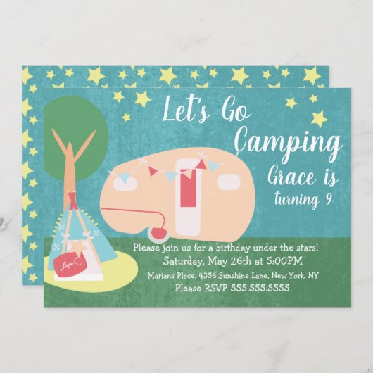 Camping Retro Party Stars Night Birthday Invitatio Kaart (Voorkant / Achterkant)