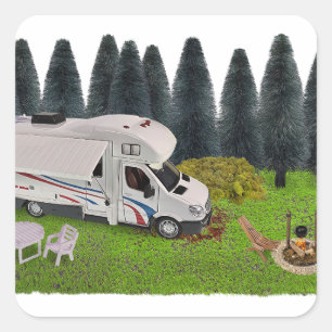 Camping RV in het bos Camping Spot Vierkante Sticker