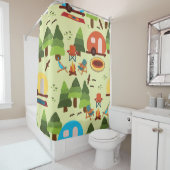 Camping scene - caravan, kampeerstoelen, vuurpleis douchegordijn (In situ)