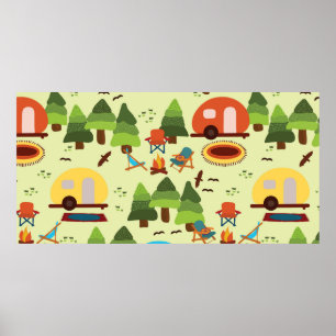 Camping scene - caravan, kampeerstoelen, vuurpleis poster