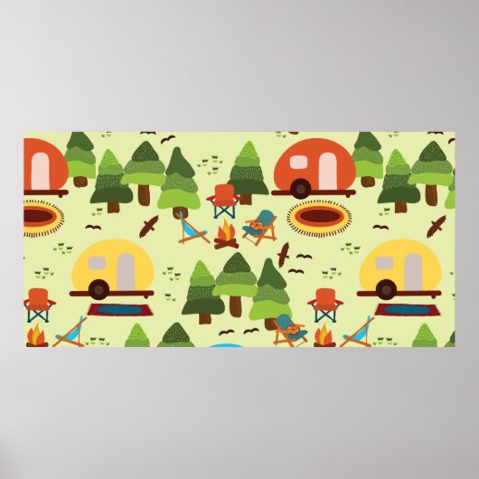 Camping scene - caravan, kampeerstoelen, vuurpleis poster (Voorkant)