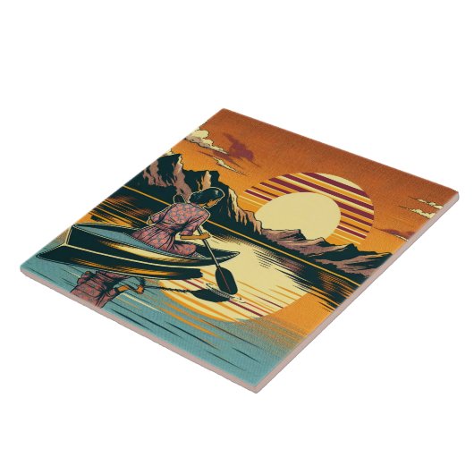  Camping Scene Vrouw Kajakken Tegeltje (Zijkant)