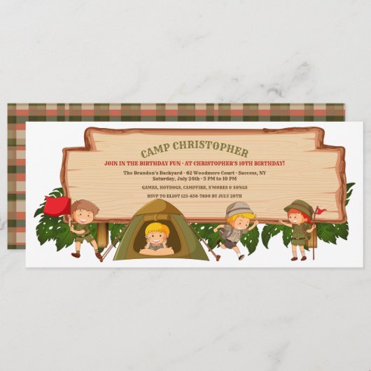 Camping Scouts verjaardagsfeestje uitnodiging (Voorkant / Achterkant)