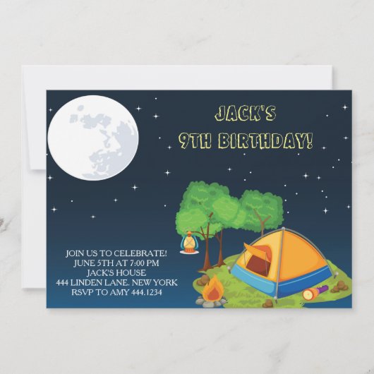 Camping Sleepover Birthday Party Invitations Kaart (Voorkant)