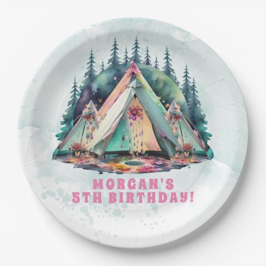 Camping Sleepover Verjaardagsfeest Papieren Bordje (Voorkant)