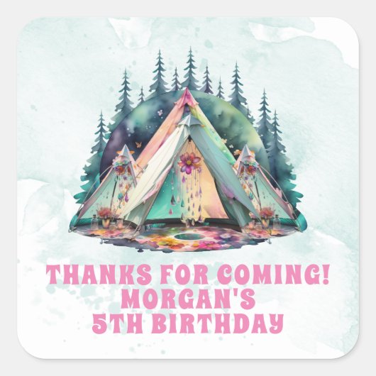 Camping Sleepover Verjaardagsfeestje Vierkante Sticker (Voorkant)