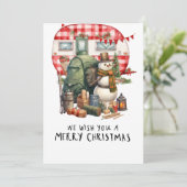 Camping Snowman Kerstthema voor Camper Feestdagenkaart (Staand voorkant)