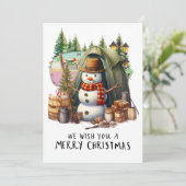 Camping Snowman Kerstthema voor Camper Feestdagenkaart (Staand voorkant)