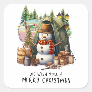 Camping Snowman Kerstthema voor Camper Vierkante Sticker