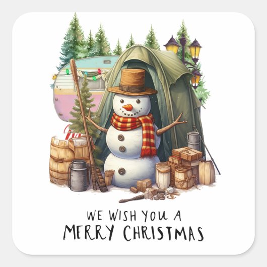 Camping Snowman Kerstthema voor Camper Vierkante Sticker (Voorkant)