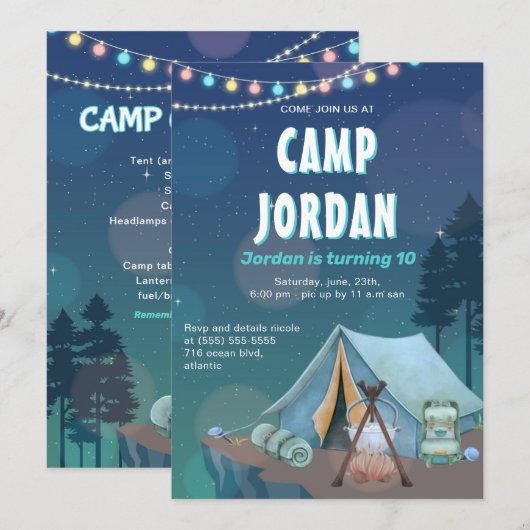 Camping Tent Bonfire Boy Birthday Uitnodiging (Voorkant / Achterkant)