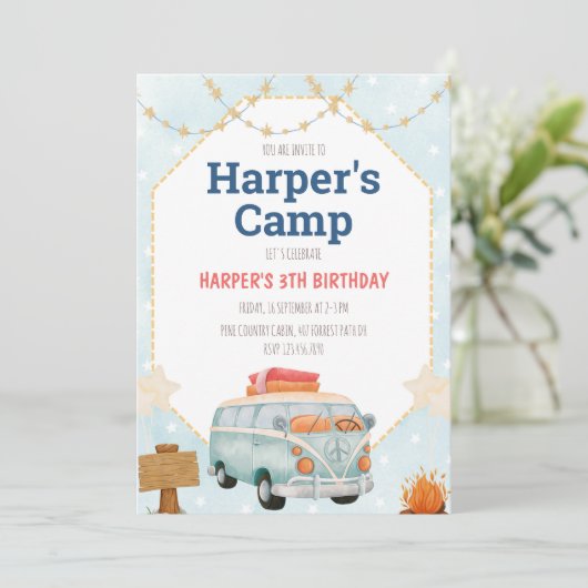 Camping Tent Bonfire Boy Birthday Uitnodiging (Staand voorkant)