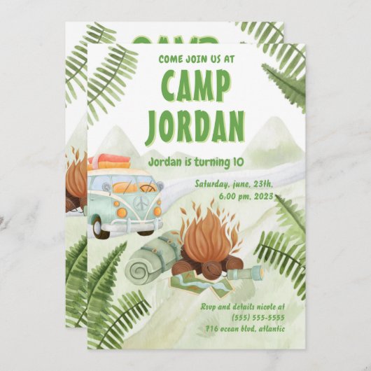 Camping Tent Bonfire Boy Birthday Uitnodiging (Voorkant / Achterkant)
