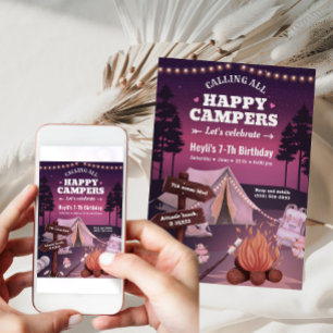 Camping Tent Bonfire Girl Birthday Invitation Kaart