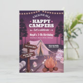 Camping Tent Bonfire Girl Birthday Invitation Kaart (Staand voorkant)