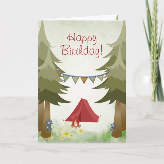 Camping, Tent, Campfire, Flowers Woodland Birthday Kaart (Voorkant)