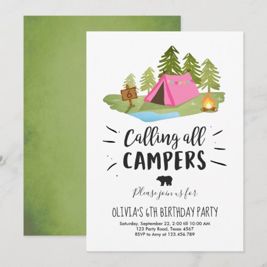 Camping Tent Invitation Birthday Camp out Girl Kaart (Voorkant / Achterkant)