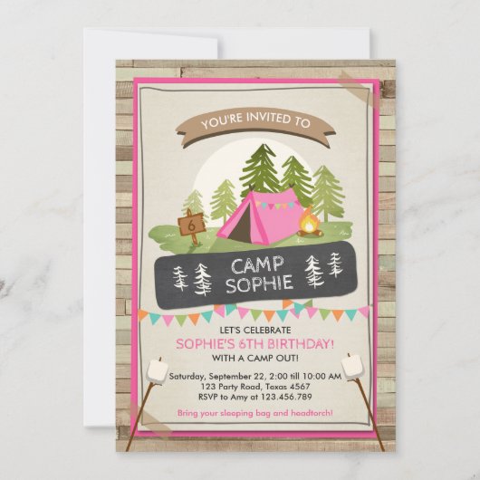 Camping Tent Invitation Birthday Camp out Girl Kaart (Voorkant)