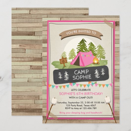 Camping Tent Invitation Birthday Camp out Girl Kaart (Voorkant / Achterkant)