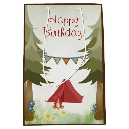 Camping, Tent, Kampvuur, Bloemen Woodland Verjaard Medium Cadeauzakje (Voorkant)