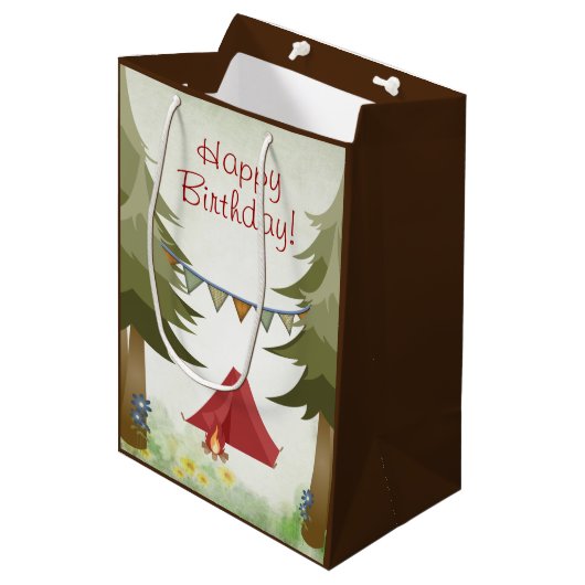 Camping, Tent, Kampvuur, Bloemen Woodland Verjaard Medium Cadeauzakje (Voorkant Gekanteld)