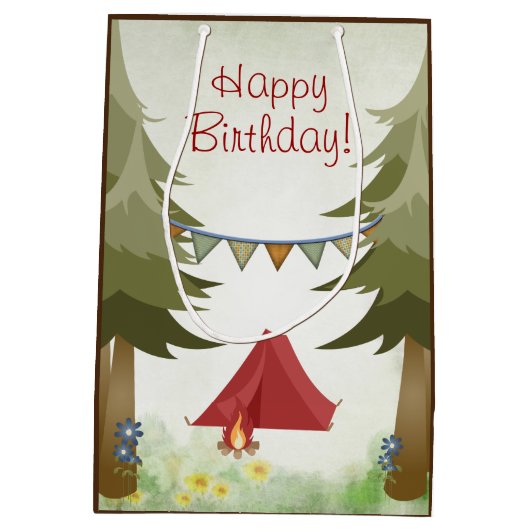 Camping, Tent, Kampvuur, Bloemen Woodland Verjaard Medium Cadeauzakje (Achterkant)