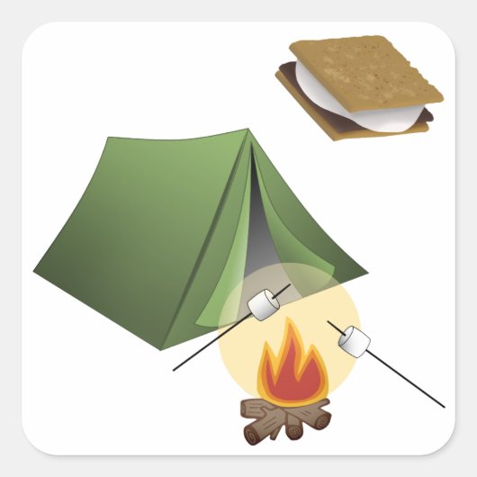 Camping, Tent, Kampvuur, Smores Vierkante Sticker (Voorkant)