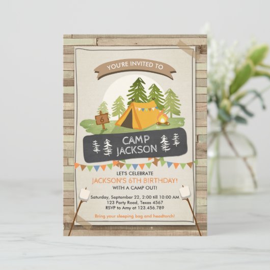 Camping Tent Uitnodiging Verjaardagskamp uit Glamp (Staand voorkant)