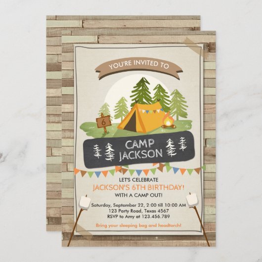 Camping Tent Uitnodiging Verjaardagskamp uit Glamp (Voorkant / Achterkant)