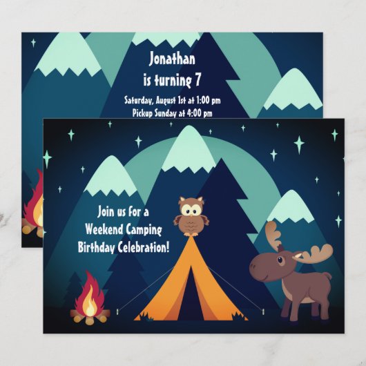 Camping, Tent, Woodland Animals Mountain Birthday Kaart (Voorkant / Achterkant)