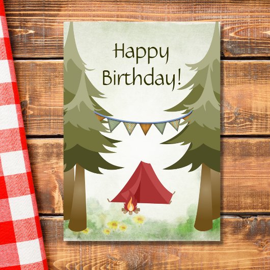 Camping, Tents and Campfire Woodland Birthday Kaart