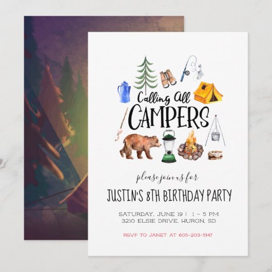 Camping thema feest uitnodiging (Voorkant / Achterkant)