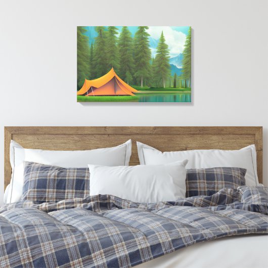 Camping thema kunst | Tent op het meer in de Bosse Canvas Afdruk (Insitu (Slaapkamer))