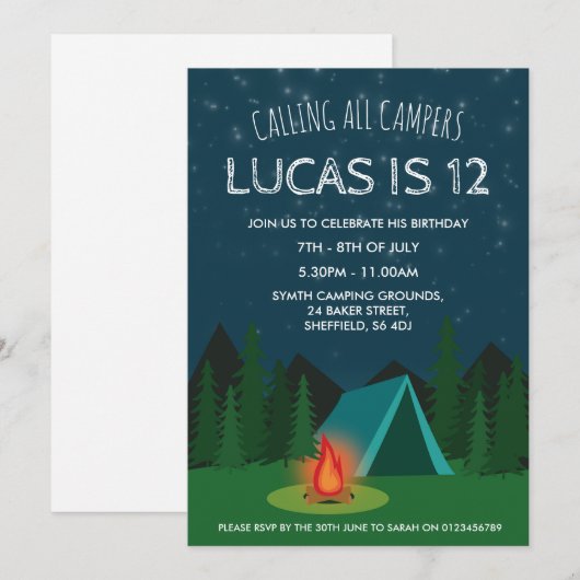 Camping thema verjaardagsfeestje uitnodiging (Voorkant / Achterkant)