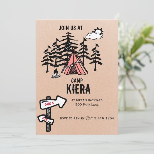 Camping themad verjaardagsfeest Uitnodiging voor m (Staand voorkant)