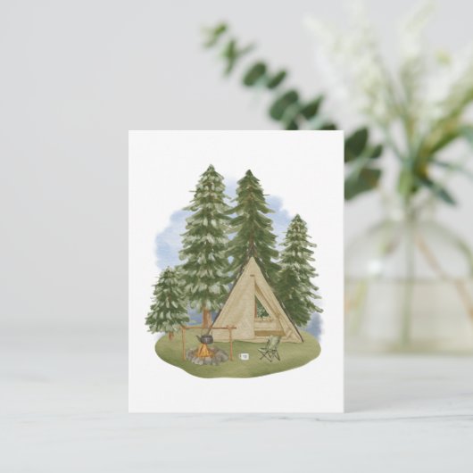 Camping Theme Campfire, Tent, Forest, Trees Briefkaart (Staand voorkant)