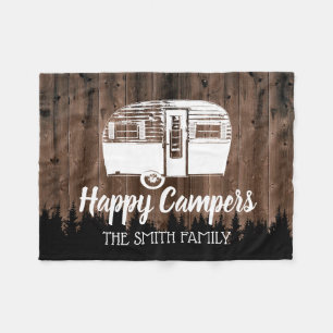 Camping Trailer Happy Campers Forest Rustic Wood Fleece Deken