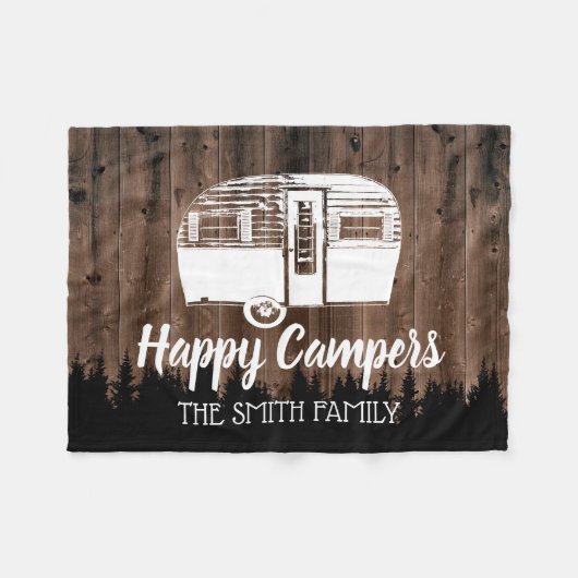 Camping Trailer Happy Campers Forest Rustic Wood Fleece Deken (Voorkant (Horizontaal))