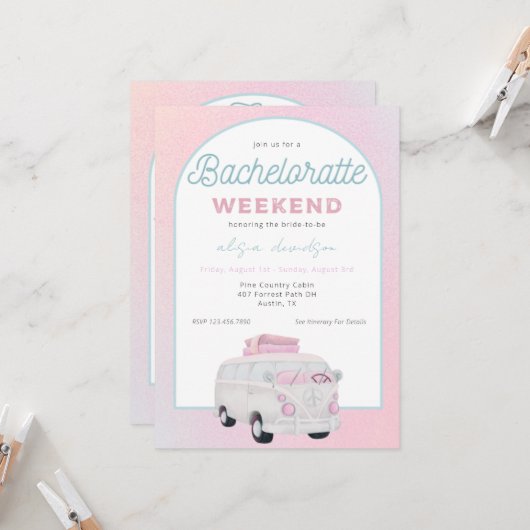 Camping Truck Bachelorette Party Invitation Kaart (Voorkant / Achterkant in situ)