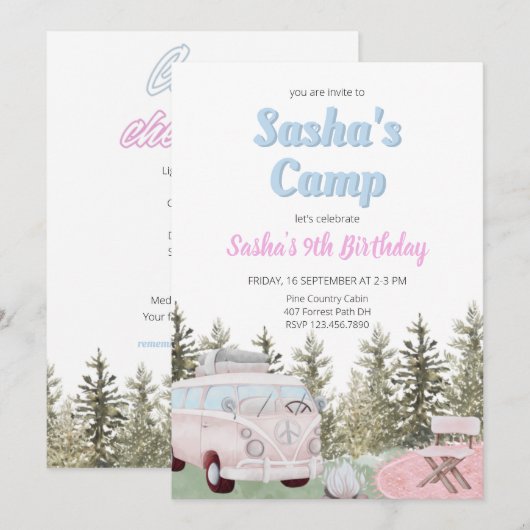 Camping Truck Forest Girl Birthday Invitation Kaart (Voorkant / Achterkant)