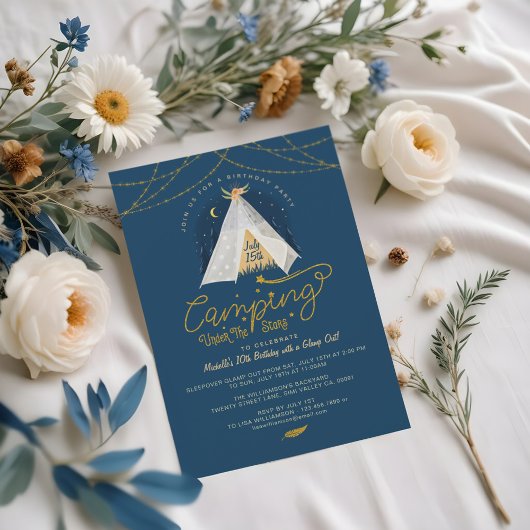 Camping under the Stars Tepee Navy & Gold Birthday Kaart