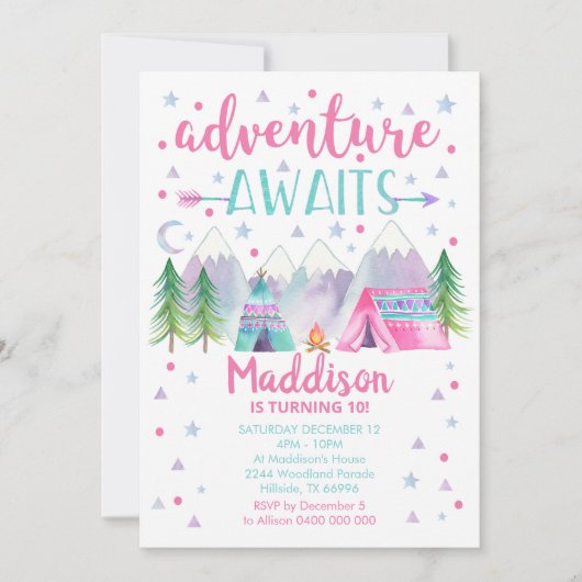 Camping Verjaardag uitnodiging Avontuur wacht Meis (Voorkant)