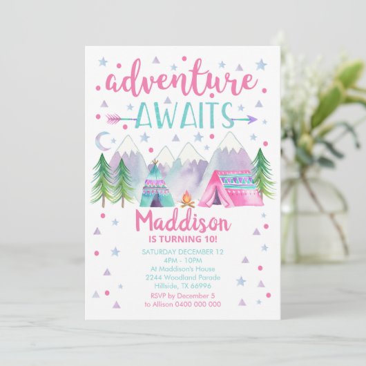 Camping Verjaardag uitnodiging Avontuur wacht Meis (Staand voorkant)