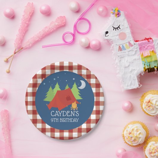 Camping Verjaardagsfeest borden rode plaid Papieren Bordje (Feest)