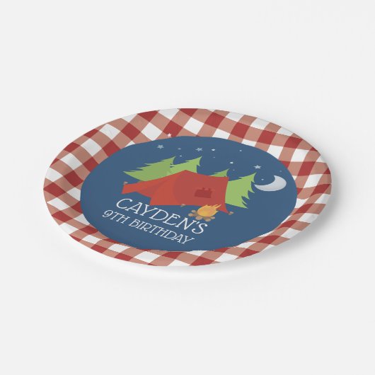Camping Verjaardagsfeest borden rode plaid Papieren Bordje (Gekanteld)