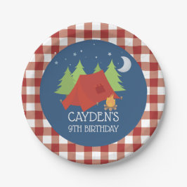 Camping verjaardagsfeest borden rood geruit papieren bordje